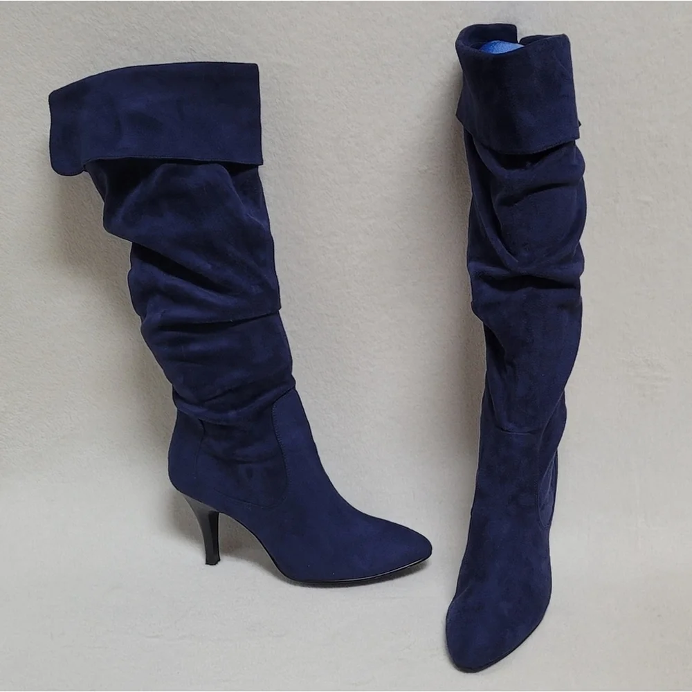 90s Vintage Skechers Blue Faux Suede Cuffed Tapered Heel Knee High Slouch Boots